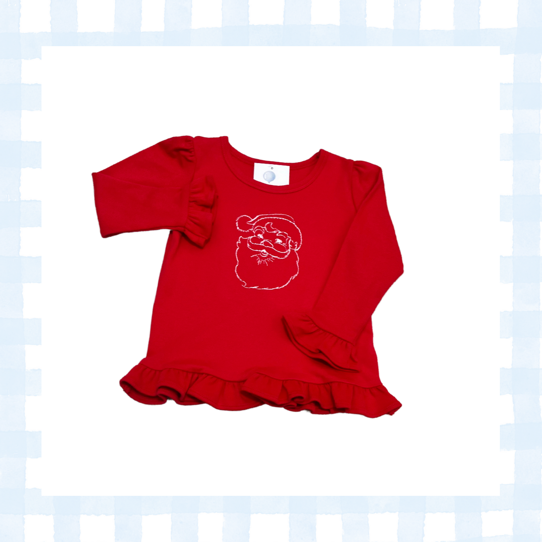 Girls Red Ruffle LS Santa Top